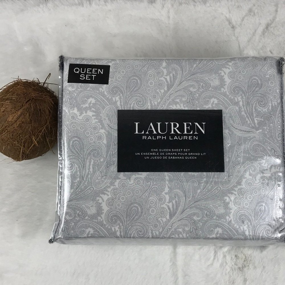 Lauren RALPH LAUREN (White/Gray Sketch Print) 100% Cotton QUEEN Sheet Set - Picture 4 of 5